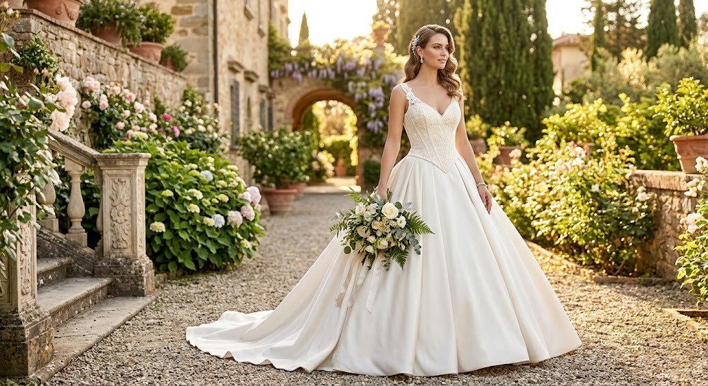 basque waist wedding dress